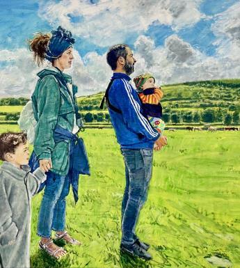 Painting of four figures in a field of cows, one adult female wearing a green jacket holding the hand of a small child, with another adult male wearing a blue jacket and a small baby in a carrier