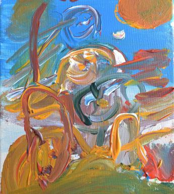 Abstract painting of two figures outside with blue sky under the sun
