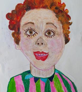 Drawing of a young boy with red curly hair and a green and pink striped top