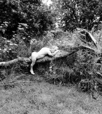 Black and white photograph of a nude man lying on a tree branch in a garden