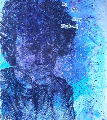Drawing of a male figure in blue with curly hair with the text "My life isn't a highway"