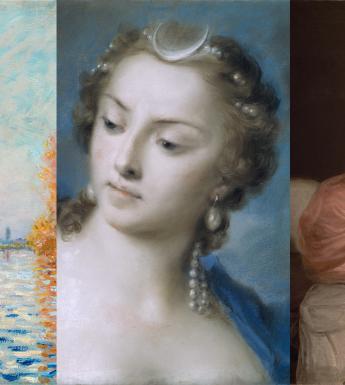 Combination of three paintings, first a small boat on blue water with a blue cloudy sky, second a close-up of a female figure's head, third a female figure wearing a pink shawl and dress sitting on a white bed