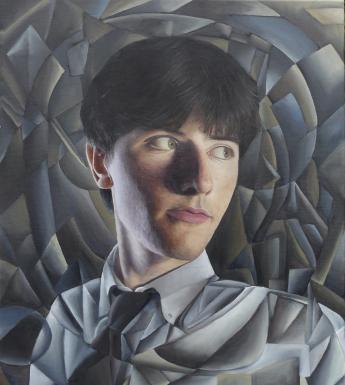 Painting of a young male figure with dark hair and a grey geometric background