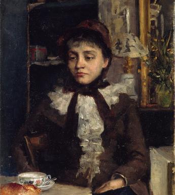 Painting of a female figure in a brown dress sitting at a table with a teacup and food
