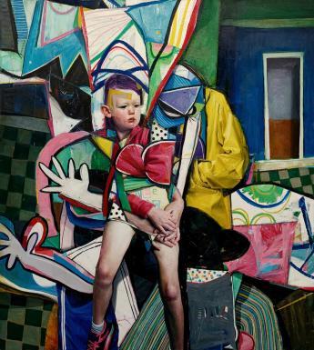Cubist style painting of a figure wearing yellow raincoat holding a baby on a bright backgroundright