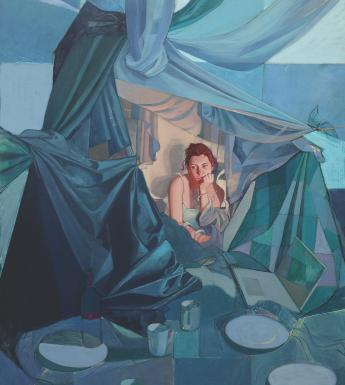 Painting of a female figure with red hair illuminated in a tent made of blue fabric