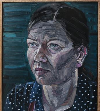 Painting of a female figure with dark hair and a spotted shirt on a dark blue background.