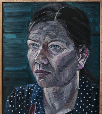 Painting of a female figure with dark hair and a spotted shirt on a dark blue background.