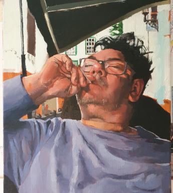 Painting of a male figure with dark hair and a lilac top leaning back and smoking
