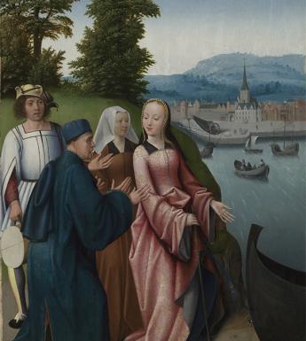 Painting of four figures in long medieval dress standing on the edge of a river