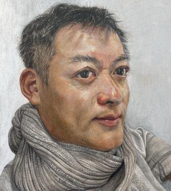 Drawing of a male figure with short dark hair and a grey knitted scarf