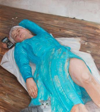 Painting of a figure lying on the floor in a blue dress holding a mobile phone with a cat