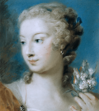 Portrait of a female figure with blonde hair and a yellow dress holding a sprig of white flowers.