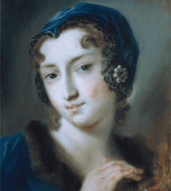 Portrait of a female figure with a blue hat wearing a blue dress trimmed with brown fur.