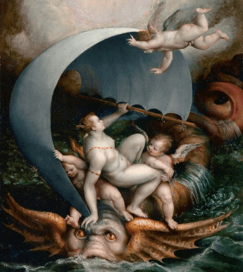 Painting of a group of angels and cherubs on the back of a sea creature on a stormy sea.