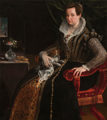 Painting of a female figure in an elaborately decorated black dress with white lace collar, sitting on a red velvet chair holding a small dog