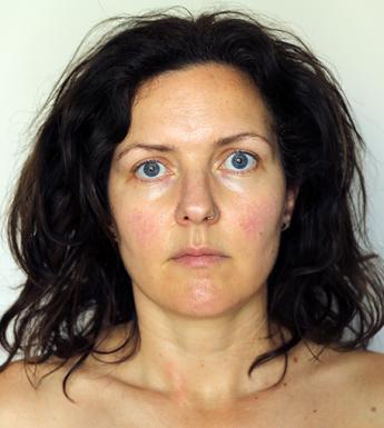Two photographs of the same woman, looking directly at the camera. In one, her dark hair is unbrushed and she is wearing no makeup. In the other, her hair is brushed and she is wearing makeup.