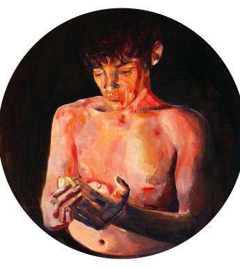 Painted on a round canvas, we see a young man gazing down at a shell he holds in the palm of his hands. His whole self seems illuminated, which is highlighted by the black background