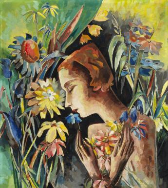 An oil painting featuring a nude female figure standing before a dark empty space. Her eyes are closed; in her arms and all around her are vibrantly coloured flowers. 