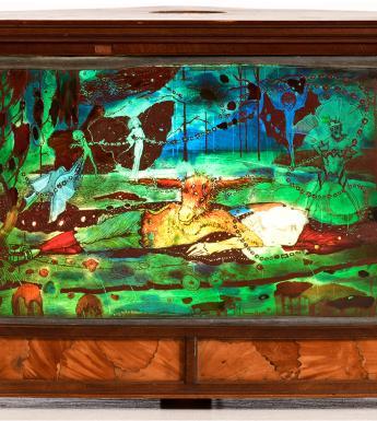 Stained glass panel of two figures reclining on green fields, surrounded by fairies.