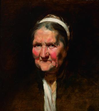 A quarter length portrait of an older woman. She gazes at the viewer; her cheeks are slightly reddened and she wears a white band in her grey hair.
