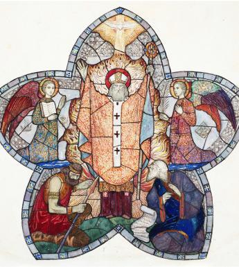 Watercolour image of a stained glass window of St Patrick in an orange robe with outstretched arms surrounded by angels and other saints
