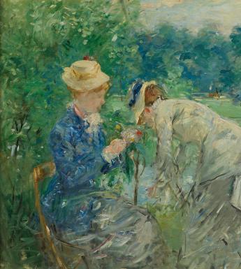 An impressionistic painting showing two women in a leafy park. Both wear hats. One, dressed in a blue jacket, sits on a chair. The other bends down tending to some flowers.
