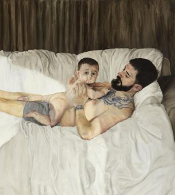 A young man lies on a white duvet in his boxers, a baby on his chest. The baby looks at the viewer, the man looks at the baby. There is a shadow of another figure, the artist, on the two.