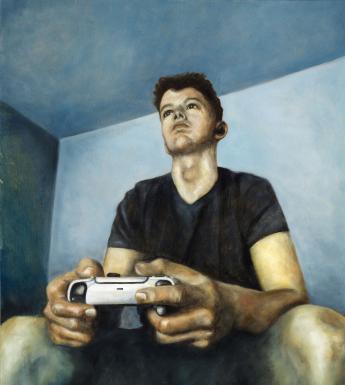 A portait of a young man, playing a computer game. His hands and controller are the focus of the composition.