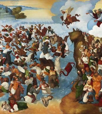 Large painting depicting the parting of the red sea, with numerous figures in a sea scape.