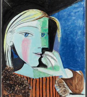 Cubist painting of a woman in green and blue, wearing a brown top.