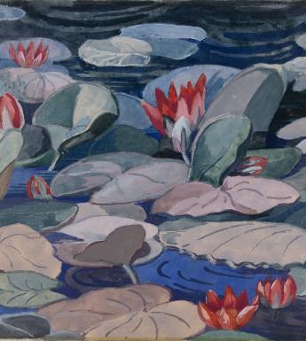 A gouache painting of waterlilies, floating. Red flowers peek up between the greenery