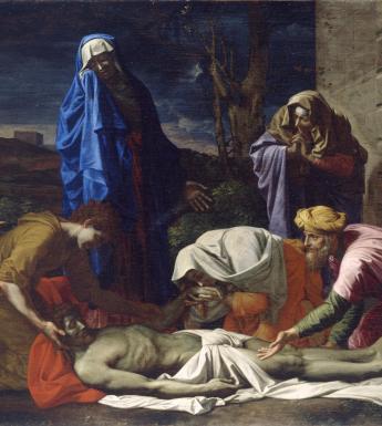 A group of five figures in brightly coloured robes surround the dead Christ, lying on a white cloth.