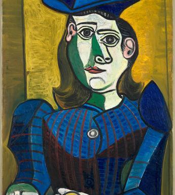 Cubist painting of a woman in a blue hat and blue dress.