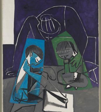 Cubist painting of two children sitting on the floor, drawing. The outline of woman sits behind them. 