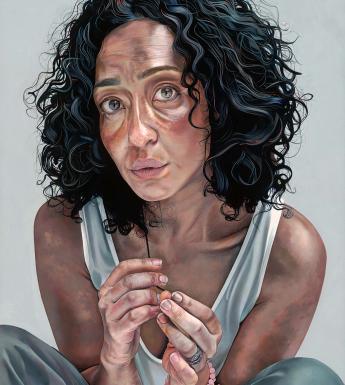 Painting of a woman with dark curly hair, wearing a white vest top and bracelets