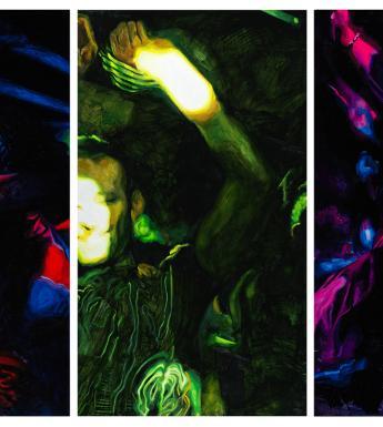 A triptych of images of people dancing in a nightclub under neon lights.
