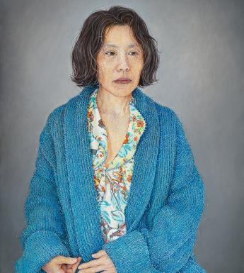 A painting of a young woman with short brown hair wearing a blue robe.