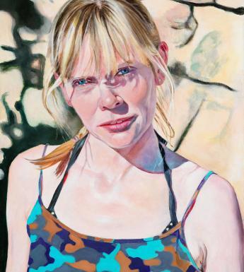 A painting of a young woman with blonde hair on a beach wearing a swimming costume.