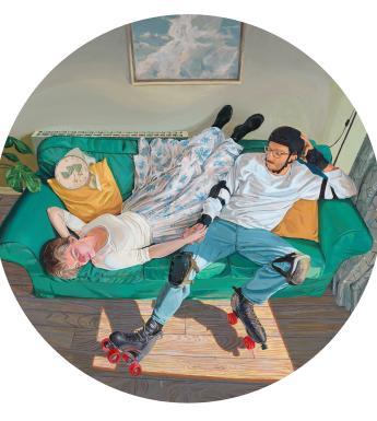 A round painting of two people on a sofa, one lies upside down and the other is wearing roller skates and a helmet.