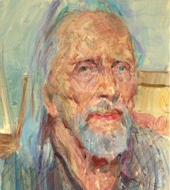 A painting of an older man with grey hair and a grey beard