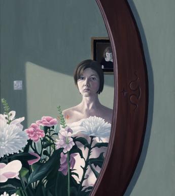 A painting of a young woman reflected in a mirror, partially obscured by flowers.