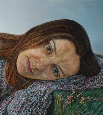 A painting of a young woman wearing a grey jumper, leaning her head on her arm