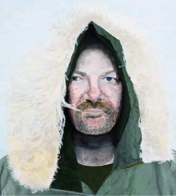 Painting of a man with a beard, wearing a white fur hood.