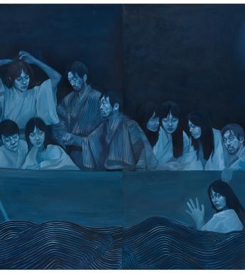 Japanese style painting of a group of figures wearing traditional Japanese dress in a small boat illuminated by moonlight