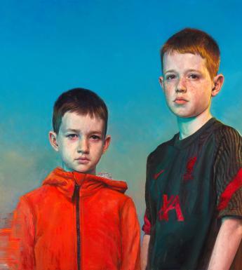 An oil painting of two young boys, one wearing a red hooded top and one wearing a grey and red football shirt.