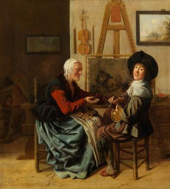 An artist at an easel turns to look at the viewer as an elderly woman offers money for him to paint her portrait