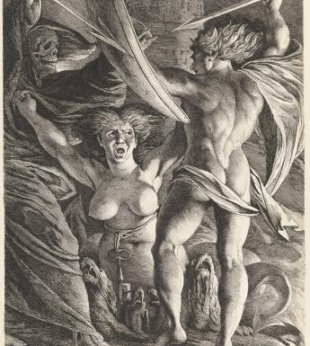 An etching of a scene with satan and a number of other figures, arms raised. 