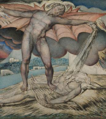 A colourful etching showing a red-winged figure pouring something on a body lying prone beneath his feet. A long-haired figure sits weeping over the body.