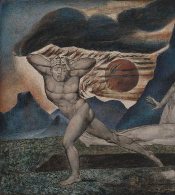 Four figures in a dark blue and red landscape. One runs, clasping their head. One lies apparently dead on the ground, beside a freshly dug grave. The other two kneel over this figure.  